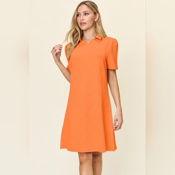 Double Take Dresses & Skirts - Double Take Full Size Texture Collared Neck Short Sleeve Dress